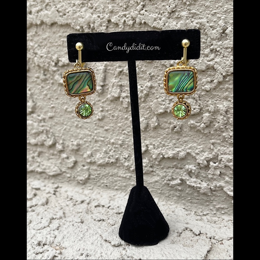 NWT Gold Tone Abalone With Peridot Crystal Clip Earrings By Candy Did It!